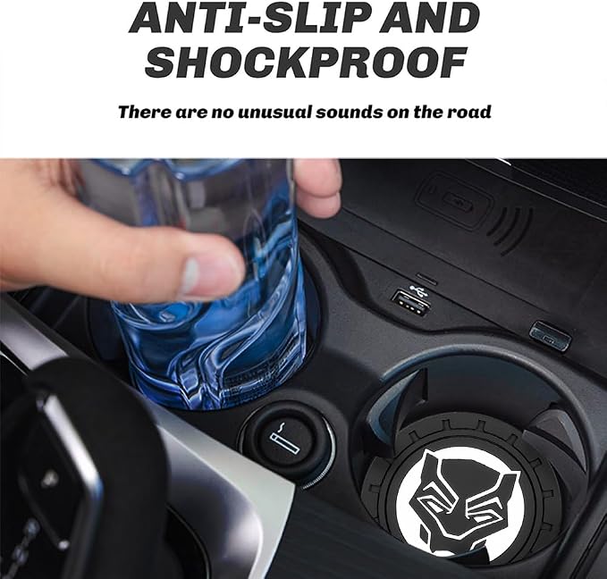 2Pcs Car Cup Holder Coasters for Black Panther Marvel Fans, Silicone Non-Slip Drink Mats, Cup Mats for Car Interior Accessories, Universal Anti-Spill Coaster Insert