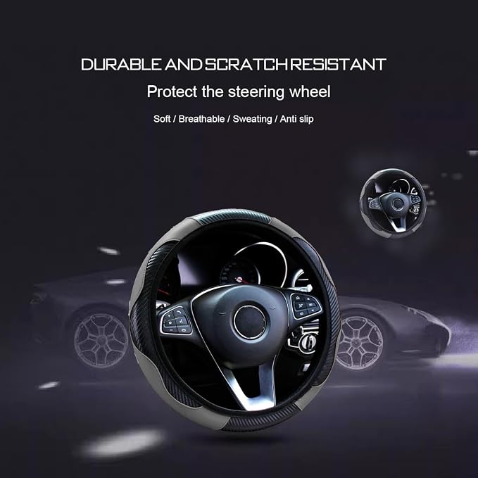 Ultra Fine Carbon Fiber Leather Steering Wheel Cover, Anti Slip and Sun Protective Protect The Steering Wheel, Easy to Install,Universal of 14.5"-15" (Grey)