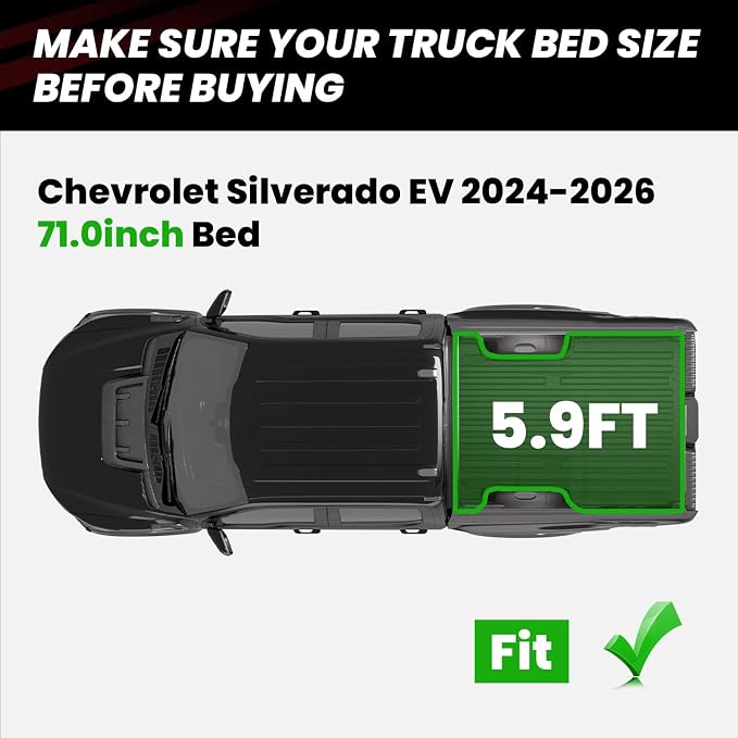 LASFIT Truck Bed Mat for Chevrolet Chevy Silverado EV 2024-2026 5.9FT Only (Fit Without Multi-Flex Midgate, Not Fit with Multi-Flex Midgate) Bed Liner Custom Fit, All Weather TPE Cargo Trunk Liner