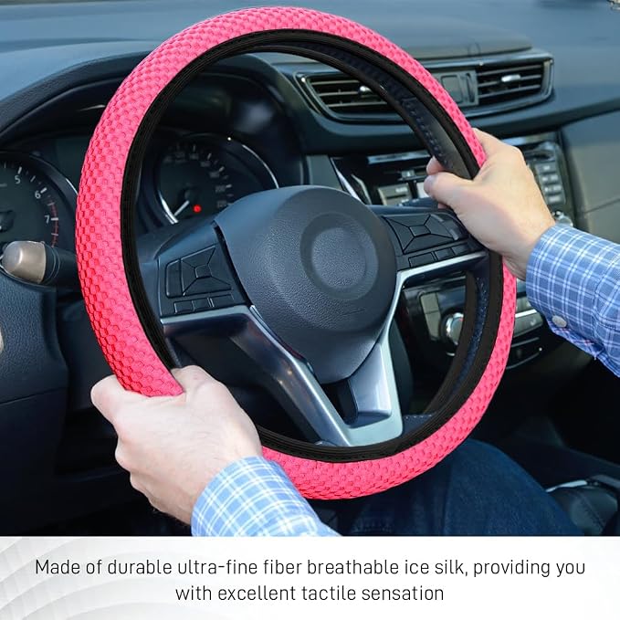 Elastic Stretch Steering Wheel Cover, Steering Wheel Protector, 15 Inch Anti-Slip Breathable Microfiber Ice Silk Protection, Easy Carry, Warm in Winter & Cool in Summer for Cars (Rose Red)