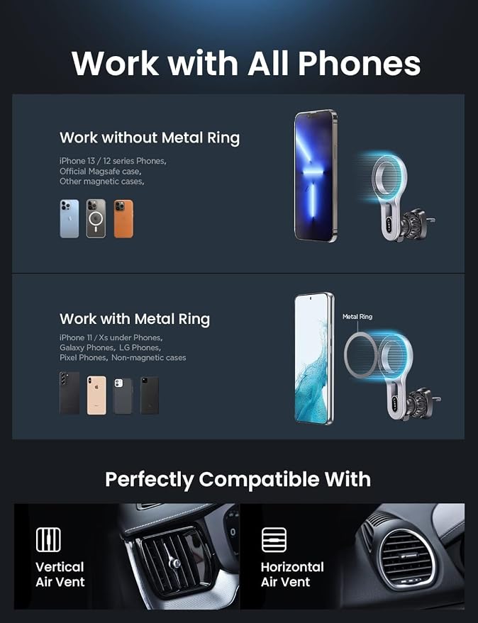 LISEN for MagSafe Car Mount, Magnetic Phone Holder for Car Vent Phone Mount | Hands Free Car Phone Mount, Super Magnetic Phone Mount, Gifts Car Accessories for Men Women, Silver Automotive Hood Vents