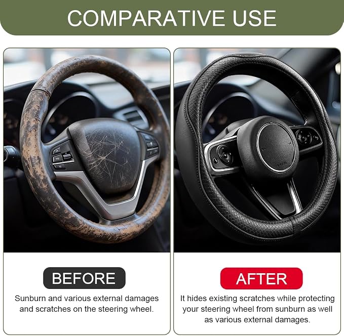 Car Steering Wheel Cover, Durable Leather Cover with Anti-Slip Lining, Breathable Microfiber Leather Auto Wheels Protector, Comfortable Non-Slip Steering Wheel Covers for Most Vehicles (Black)