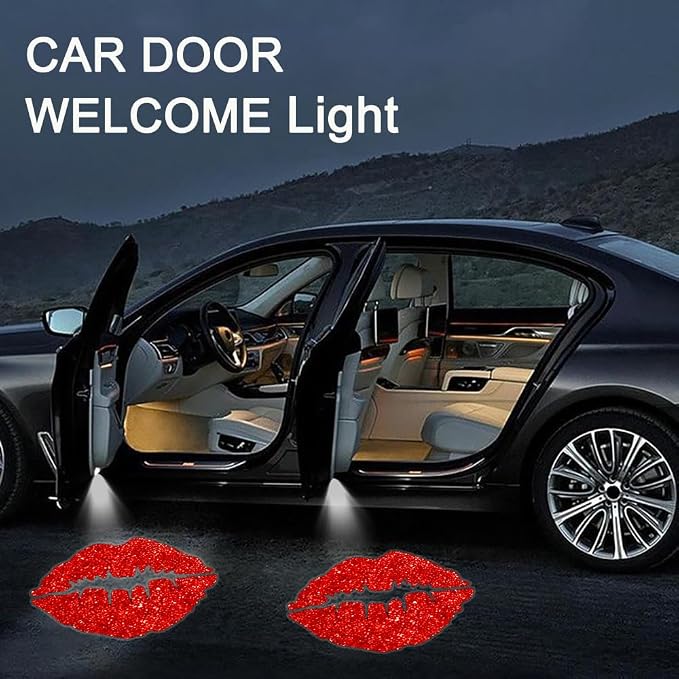 2PCS Car Door Lights,Red Lips Door Lights Logo Projector LED Shadow Welcome Lamp,Red Lips Car Accessories Gifts for Women Men,Suitable for All Vehicles Motorcycle Bike