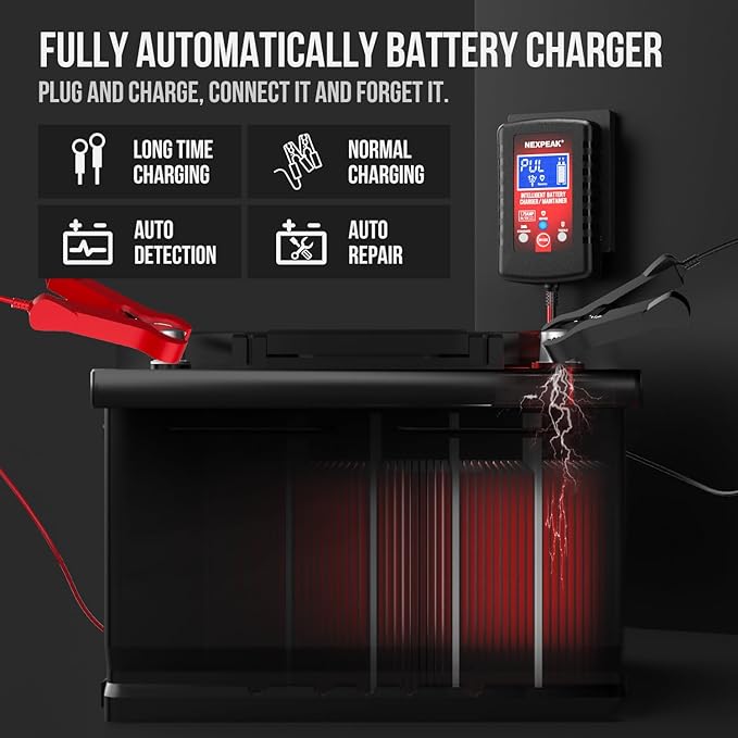 4-Pack 1.75A Car Battery Charger, 6V &12V Smart Battery Trickle Charger | Fully automatic 6V/12V Battery Charger, LCD screen monitors real-time status, Multi-protection for cars, boats, motorcycles