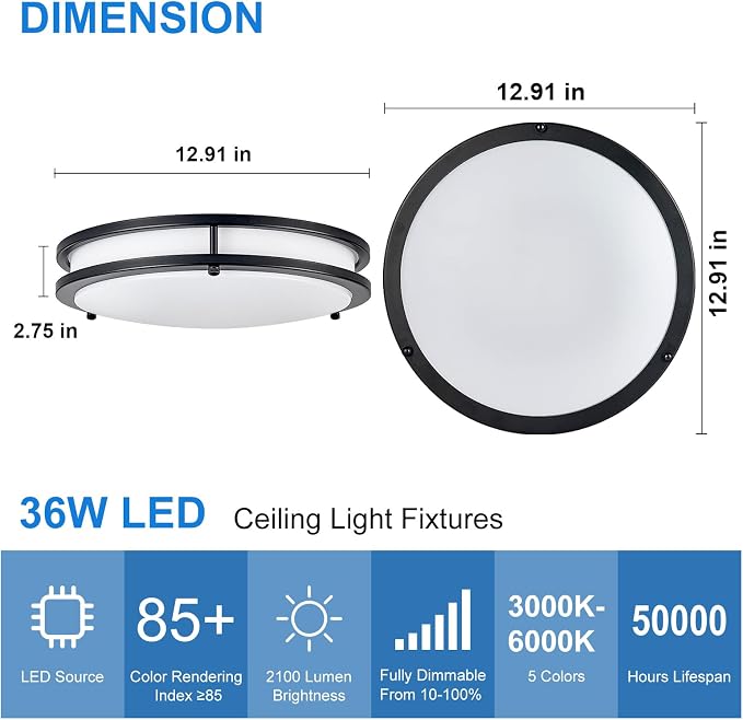 DLLT Flush Mount LED Ceiling Light: 13 Inch 5CCT (3000K-6000K) & Dimmable Ceiling Light Fixtures for Bedroom Hallway - 24W Modern Black Super Bright Kitchen Lighting Fixtures Ceiling