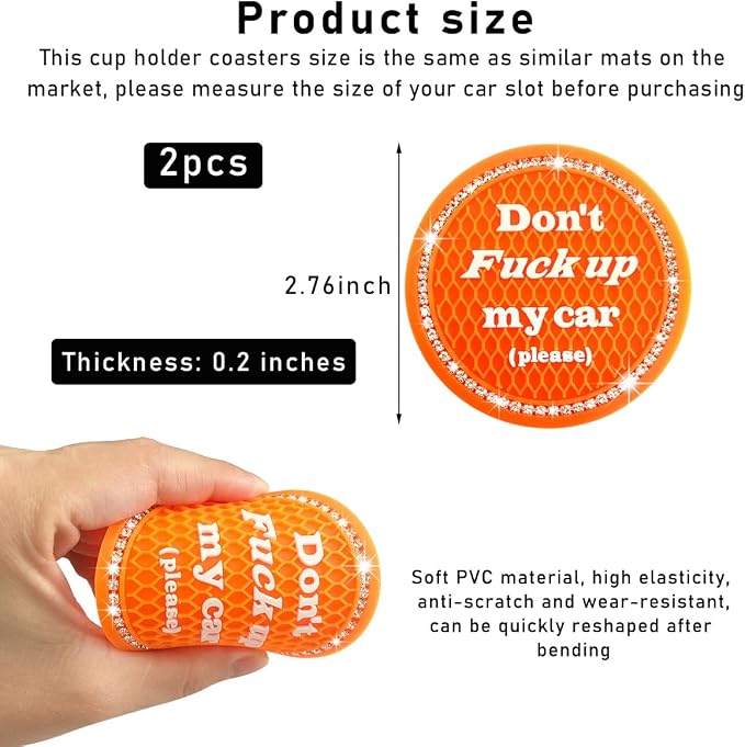 2 PCS Bling Car Cup Coaster, 2.75 Inch Anti-Slip Cup Holder Insert Coasters, Crystal Rhinestone Auto Drink Car Cup Mat for Women Girls, Universal Interior Car Accessories (Orange)