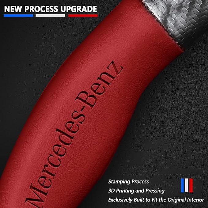 Steering Wheel Cover Compatible with Mercedes-Benz, Nappa Leather&Carbon Fiber Texture Steering Wheel Cover, 14.5-15 Inch Diameter with 2 Coasters and USB Fast Charging Cable (Red)