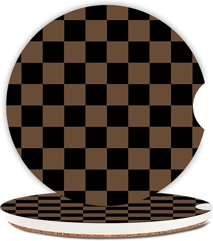 Khaki Checkered Car Coasters for Cup Holder Absorbent Ceramic Cup Coaster 2 Pack Anti Slip Car Interior Accessories with Finger Notch Cork Base for Women Men 2.56"