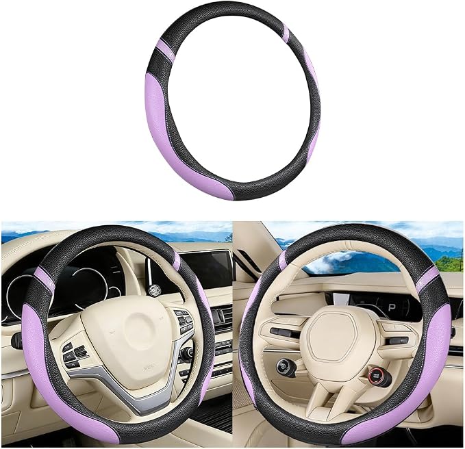 Car Steering Wheel Cover, Leather Anti-Slip Stretch Breathable Vehicle Steering Wheel Protector, Automotive Interior Protection Accessories for Men Women, Universal Fit (Black/Purple)