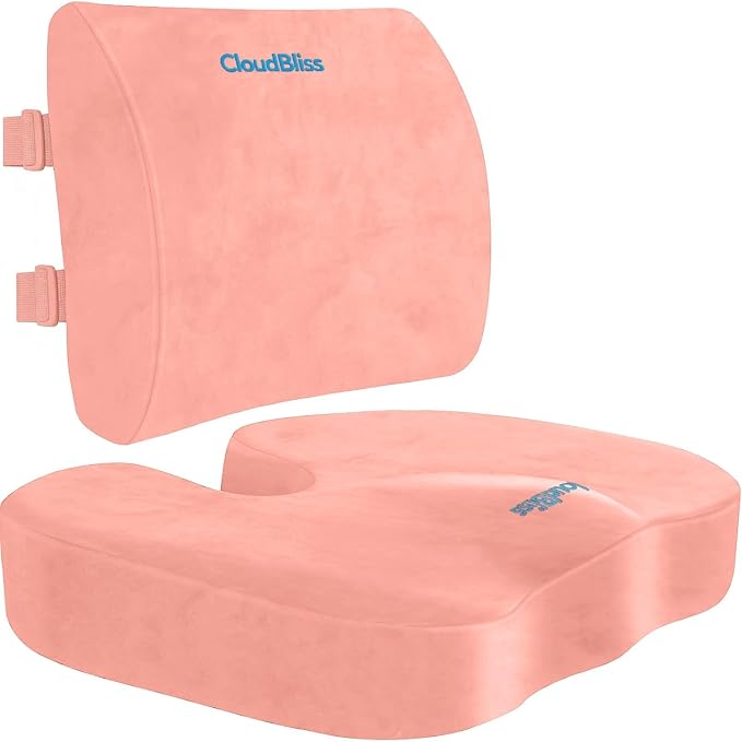 CloudBliss Lumbar Support Pillow & Seat Cushion Set for Office Chair, Desk Chair, Wheelchair & Car – Memory Foam Back Support, Ergonomic Chair Cushions, Sciatica Pain Relief, Home Essentials(Pink,XL)