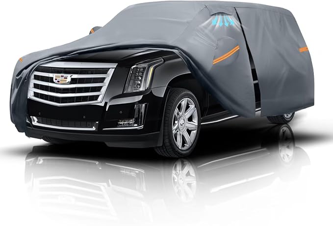 Large SUV Car Cover for Cadillac Escalade 100% Waterproof All Weather, Heavy Duty Outdoor Full Exterior Covers Rain Sun Wind UV Protection.