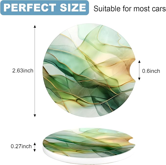 2 Pack Car Cup Holder Coaster, 2.63 inch Anti Slip Insert Absorbent Ceramic Car Coaster with Cork Base and Finger Notch, Cute Car Accessories Interior for Women, Cute Car Coasters.
