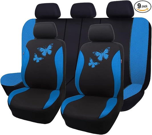 Flying Banner Butterfly car seat Covers ful Set Fashion Universal Lady Woman Female Rear Bench Split Colorized (Full Set, Blue)