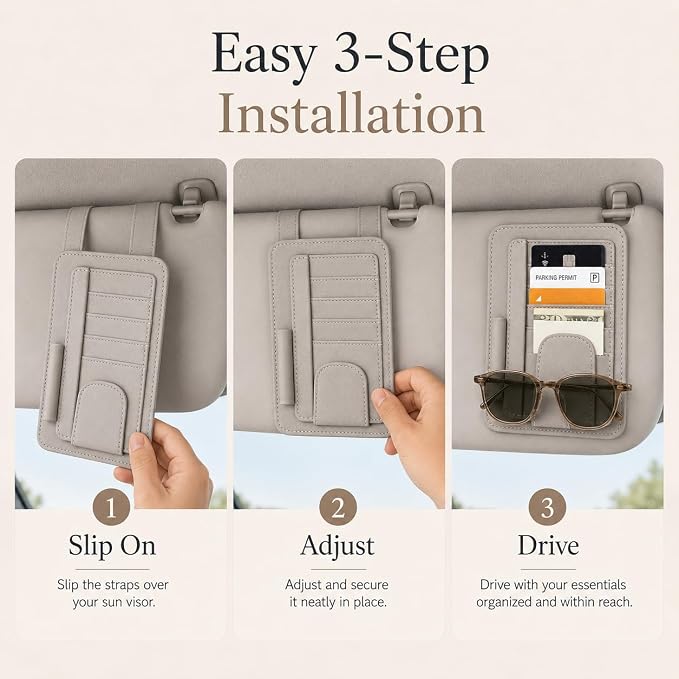 Car Sun Visor Organizer, Grey Premium Vegan Faux Leather Visor Storage Pouch for Cards, Cash, Receipts, Parking Permits and Glasses, Universal Fit for Cars, SUVs, Trucks, RVs and Golf Carts