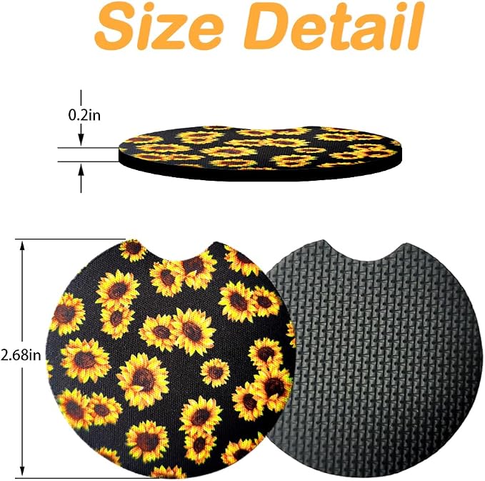 Osilly Car Coasters for Drinks, 2PCS Absorbent Sunflower Cup Holders for Women/Men, 2.75 Inch Removable Cup Holder Insert Coaster for Drinks, Car Interior Accessories for Most Cars