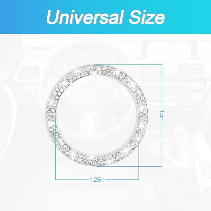 Car Bling Crystal Rhinestone Engine Start Ring Decals, 2 Pack Car Push Start Button Cover/Sticker, Key Ignition Knob Bling Ring, Sparkling Car Interior Accessories for Women (White)