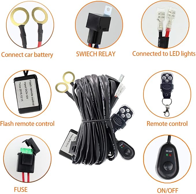LED Work Lights Bar Remote Wiring Harness Kit 1Lead DC12V 40A LED Lights Remote Wiring Harness Switch Relay 14AWG Core Cable Harness Fit for Car Fog Lights Work Driving Lights Bar