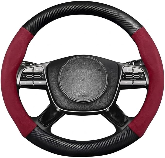Steering Wheel Cover, Faux Leather, Universal 14.5-15 Inch, Non-Slip, Breathable Slim Fit, for Cars, SUVs, Trucks (Red Black)