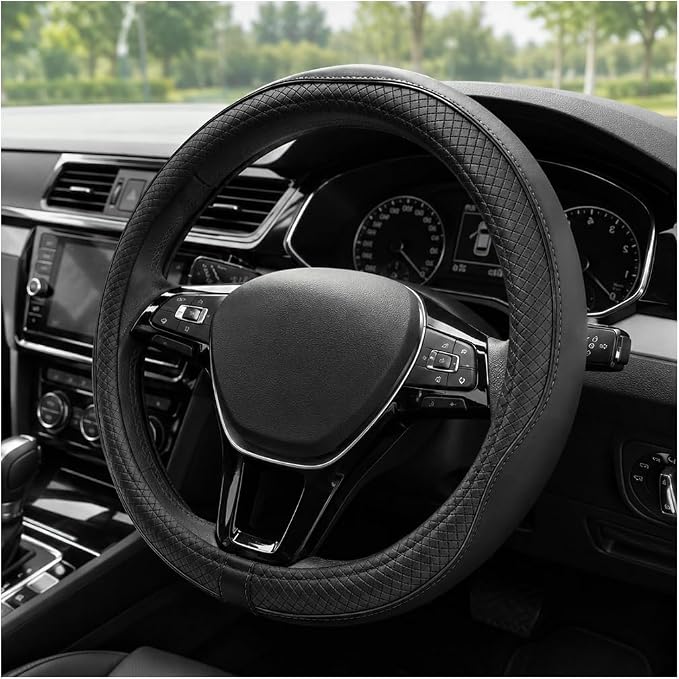 Car Steering Wheel Cover, 15 Inch Anti-Slip Breathable Leather Auto Steering Wheel Protector, Full Surround Soft Steering Wheel Cover for Men Women, Car Interior Accessories (Black)