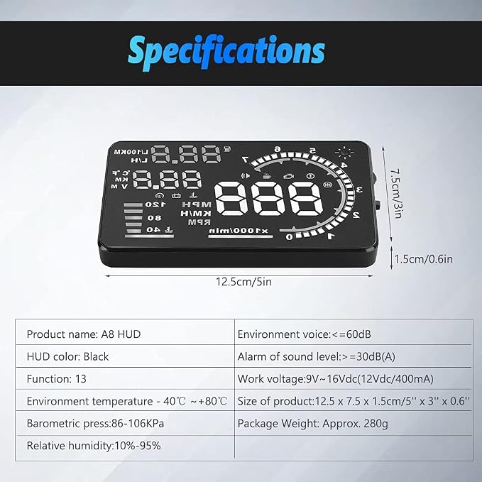 5.5'' HUD Head Display Multi-Color Windshield Screen Projector Vehicle Speed, Vehicle Hud Overspeed Alarm, Display Km/h MPH, OBDII/EUOBD Interface Plug Hud Display Car