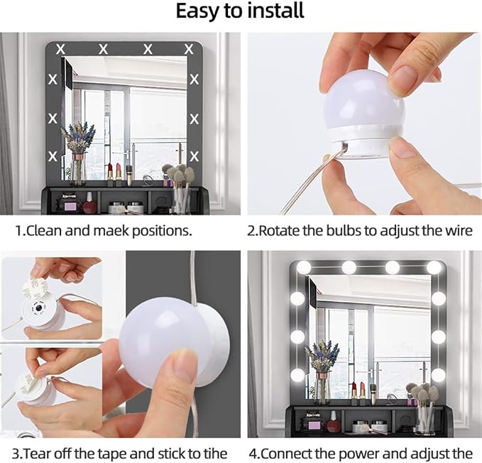 LED Vanity Lights for Mirror, Hollywood Style Vanity Lights with 10 Dimmable Bulbs, Adjustable Color & Brightness, USB Cable, Mirror Lights Stick on for Makeup Table Dressing Room (8 Lights)