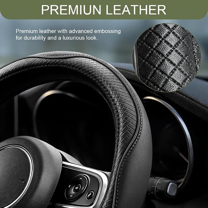 Car Steering Wheel Cover, Durable Leather Cover with Anti-Slip Lining, Breathable Microfiber Leather Auto Wheels Protector, Comfortable Non-Slip Steering Wheel Covers for Most Vehicles (Black)