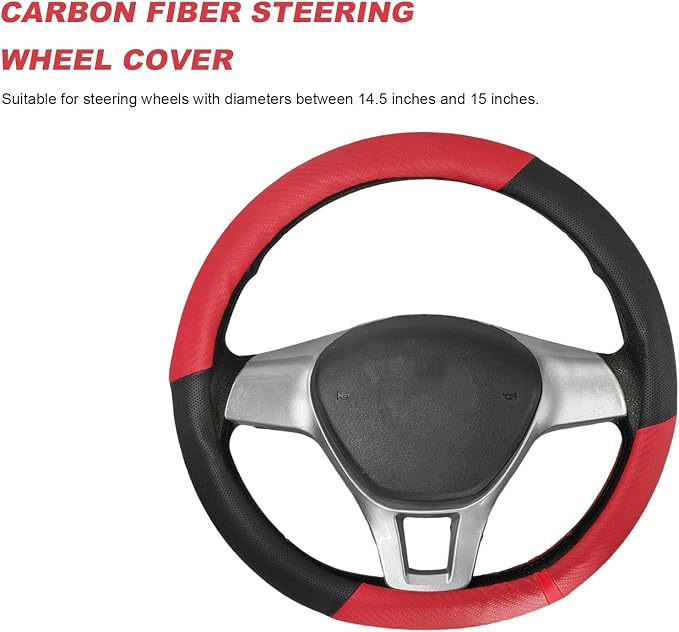 Car Steering Wheel Cover, Breathable Carbon Fiber Wheels Protective Cover Interior Accessories, Universal Anti Slip Protector for Most 14.5-15 Inch Steering Wheels (Red)