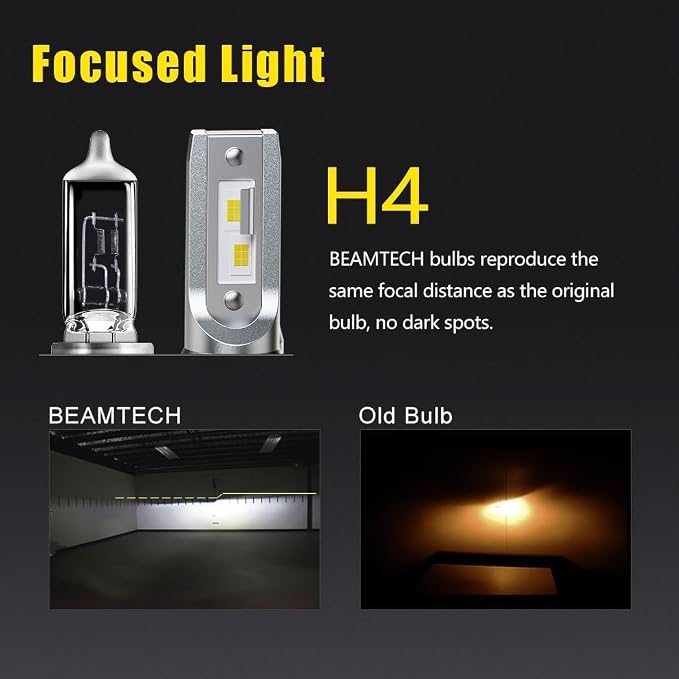 BEAMTECH H-4 Bulbs, S1 Series 900-3 Fanless 300% Brighter Fog Light | H4/9003 Bulbs, 6500K White Light Pack of 2