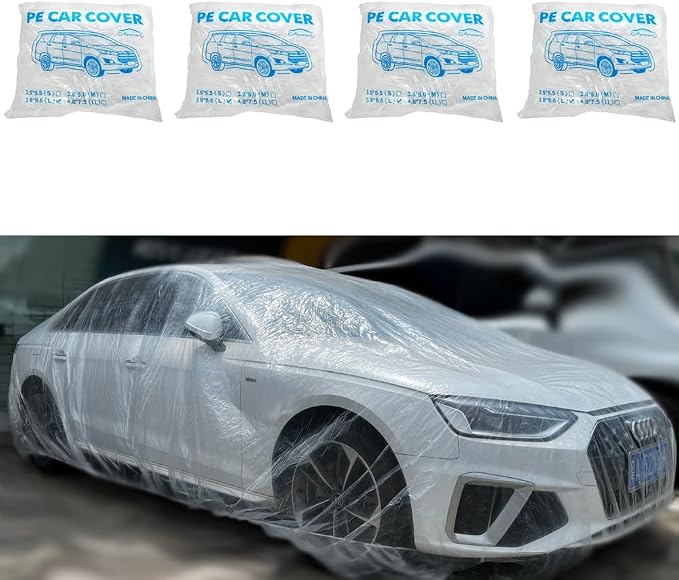 4 Packs Disposable Car Cover Clear Plastic Car Cover Universal Rain Dust Garage Cover with Elastic Band Medium (12.4 FT x 21.6 FT)