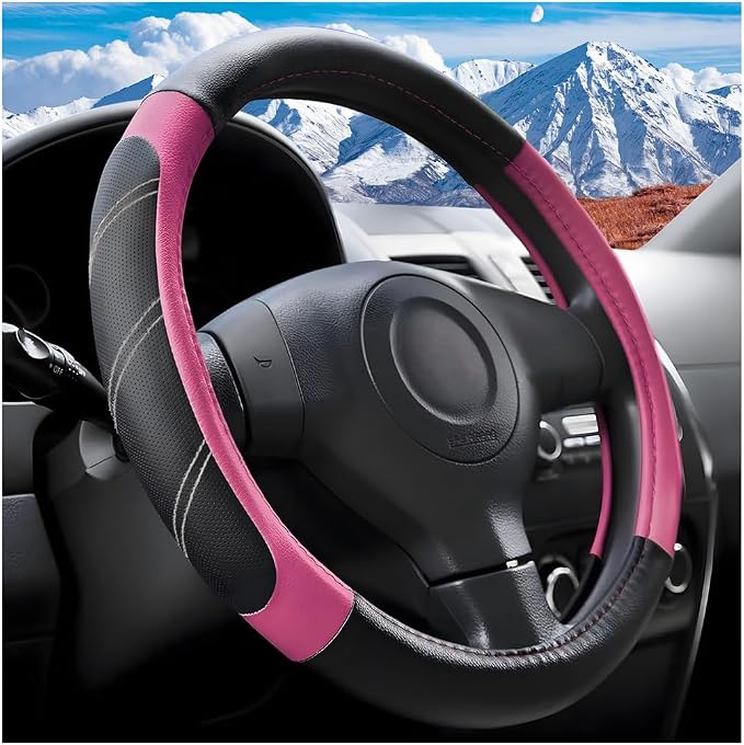 Zpana Car Steering Wheel Cover, 15 Inch Carbon Fiber Leather Non-Slip Steering Wheel Protector with Lining, Breathable Automotive Interior Accessories, Universal for SUV RV Truck (Pink)