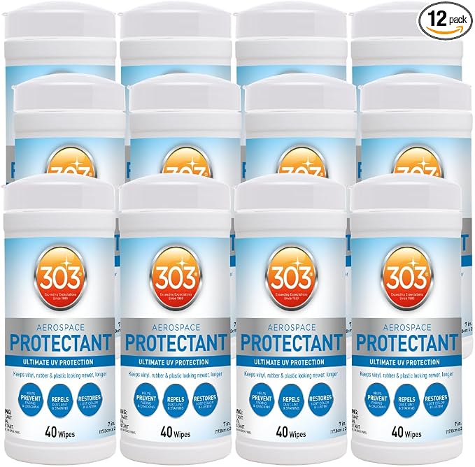 303 (30321-12PK) UV Protectant Wipes for Vinyl, Plastic, Rubber, Fiberglass, Leather & More – Dust and Dirt Repellant - Non-Toxic, Matte Finish, 40 Towelettes (Pack of 12)