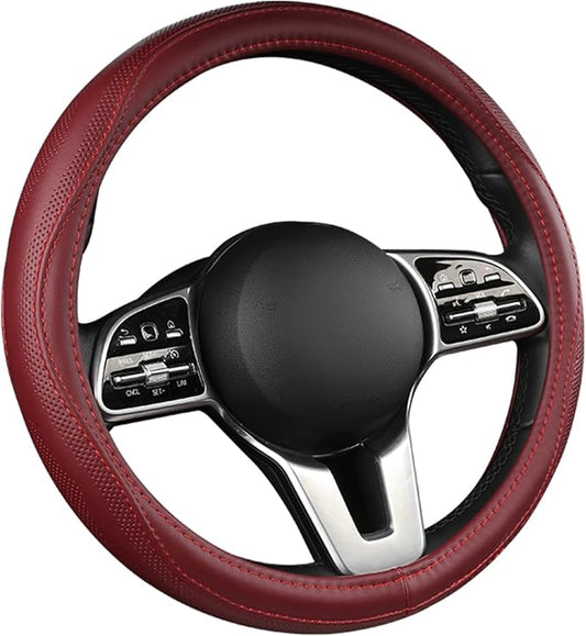 Cowhide Steering Wheel Cover Heat Resistant Anti-Slip Car Wheel Wrap Compatible with Most Makes and Models of Cars and Trucks with 14.5 to 15 Inch Steering Wheel(RED)