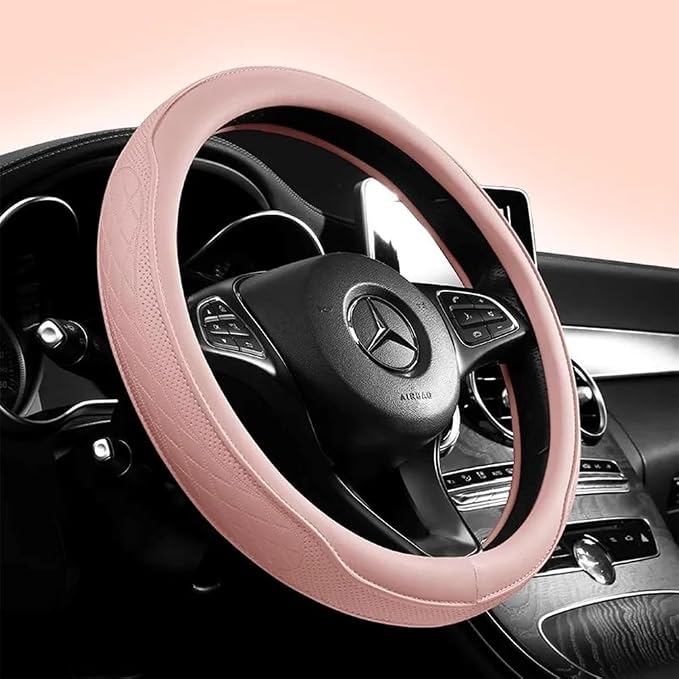 Pink Steering Wheel Cover for Women, Cute Perforated Synthetic Leather Car Accessory with Odorless Rubber Inner, Non-Slip Universal Fit (Pink)