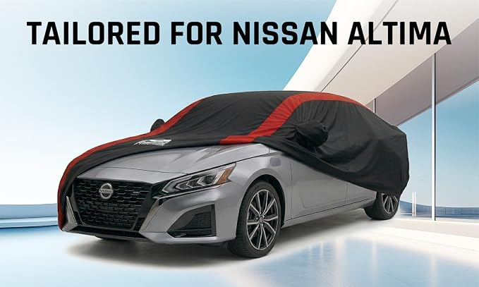 Altima Car Cover Waterproof All Weather with Red Strip Design, Custom Fit for Nissan Altima 2002–2025, Altima Accessory with Door Zipper & Windproof Straps