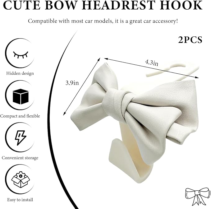2 PCS Car Seat Headrest Hooks, Cute Bow Shaped Vehicle Backseat Purse Holder Storage Hook, Bow Knot Seat Back Hooks Hanging Organizer for Coat Umbrellas Grocery Bag (White)