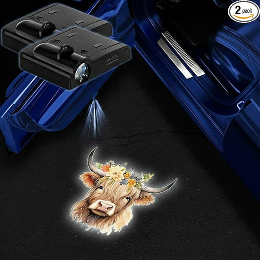 2PCS Highland Cow Car Door Lights Projector,Wireless LED Welcome Puddle Lights,Magnetic Logo Projector Door Light Decor Car Accessories Cow Gifts for Women Men,Suitable for All Vehicles Motorcycle
