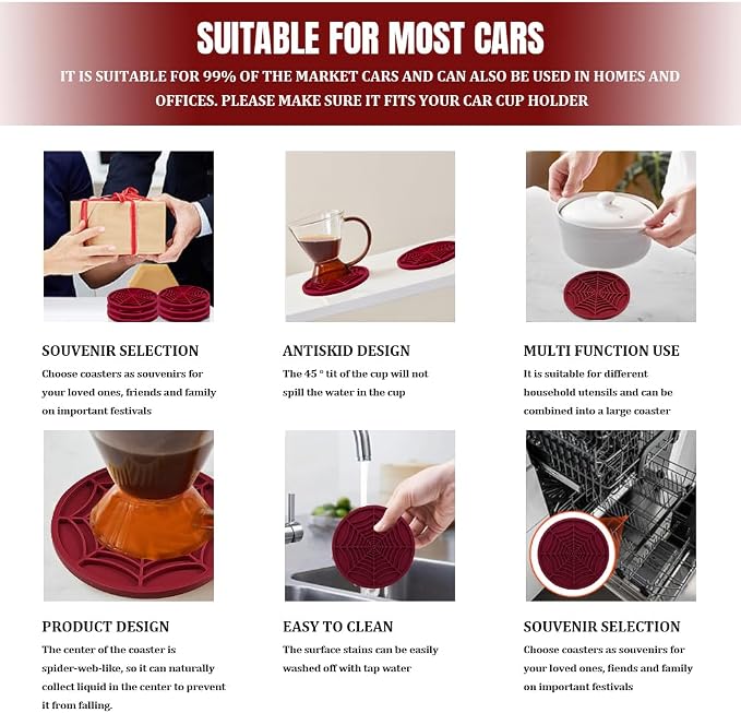 4PCS Car Cup Holder Coaster, Car Cup Insert, 2.75 inch Silicone Anti Slip Spider Web Auto Coaster, Automotive Interior Accessories Car Drink Coasters Cute Fit for Women and Men (Wine Red)
