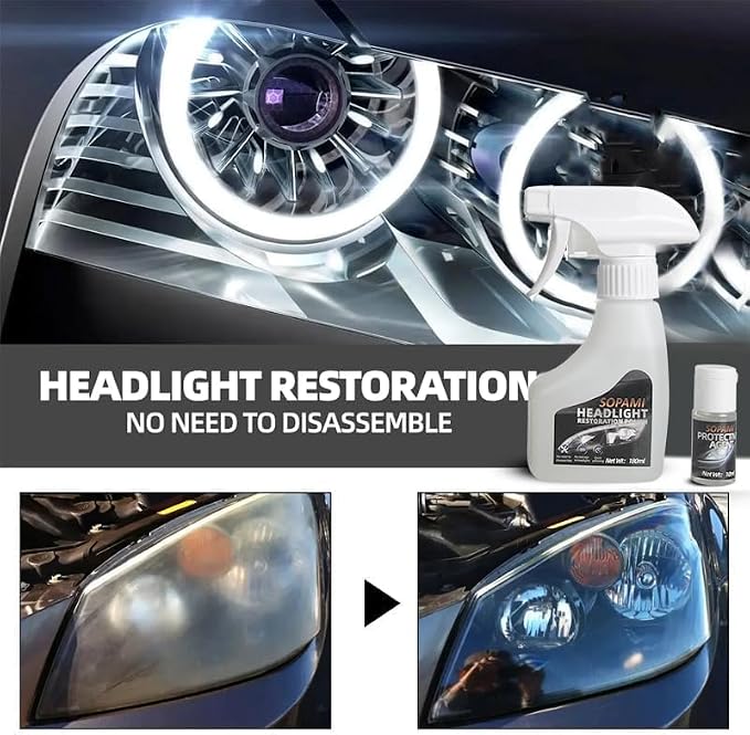 SOPAMI Car Headlight Restoration Kit Headlight Cleaner | Restores Clear Yellowed Car Plastic and Protects from Re-Oxidation Includes coating agent and towel, sponge wipe