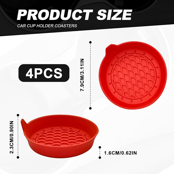 4-Pack Universal Cup Holder Coasters, Black Silicone Inserts - Keep Your Car Clean with Non-Slip & Spill-Proof Coasters for All Vehicles (Red)