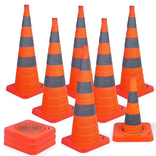 BATTIFE [10 Pack] 36 Inch Collapsible Traffic Safety Cones, Orange Cones, Multi Purpose Pop-up Cones with Reflective Collar, for Road Parking, Driving Practice