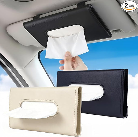 2Pack Car Tissue Holder, Sun Visor Napkin Box, Premium PU Leather, Auto Napkin Case, Mask Holder for Car, with Tissue Refill, Vehicle Interior Accessories, BlackBeige