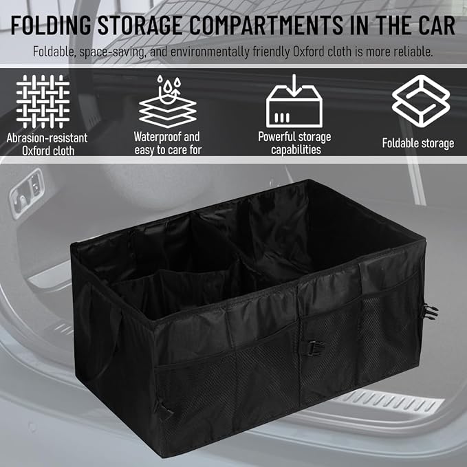 Car Trunk Organizer, Foldable Multi-Compartment Vehicle Console Trunk Storage Box, Collapsible Automotive Interior Grocery Cargo Organizer, Universal Fit (Black)