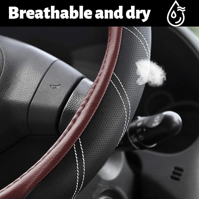 Car Steering Wheel Cover, 15 Inch Leather Breathable Auto Wheel Protection Cover with Non-Slip Lining, Padded Soft Grip Vehicle Steering Protector, Universal Fit (Black/Wine Red)