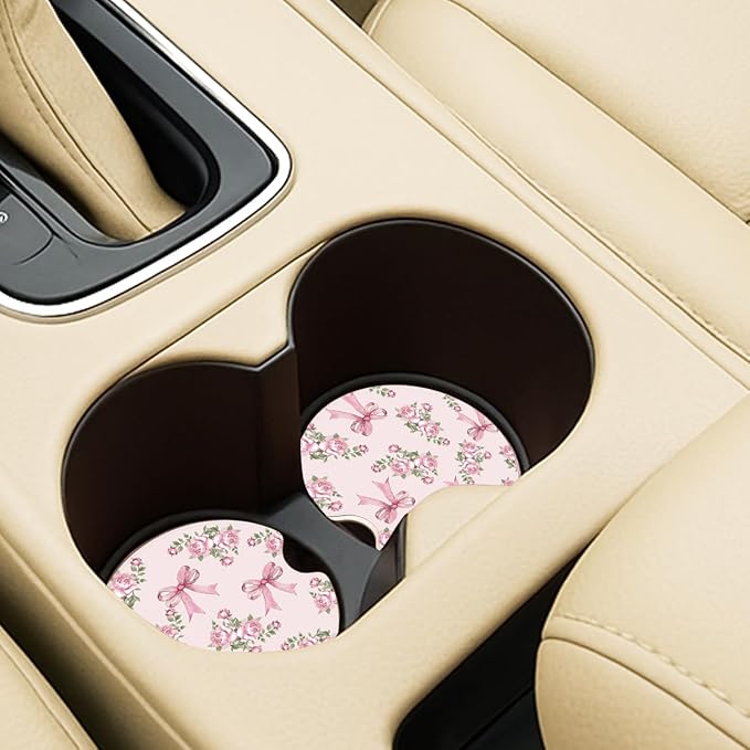 Ceramic Car Coasters – Absorbent Car Cup Holder Coaster Set for Women, Cute Aesthetic Car Accessories for Girls, 2 Pack (Blush)