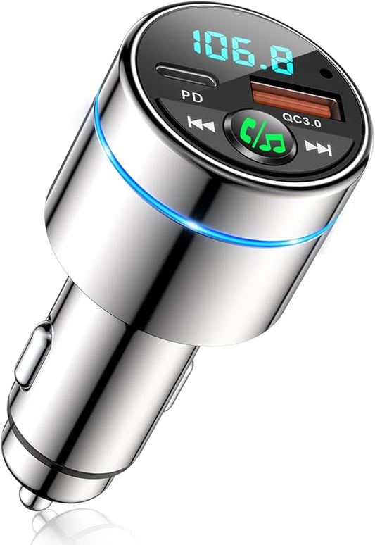 RIWUSI FM Transmitter for Car Bluetooth 5.3, [All-Metal] PD 30W & QC3.0 18W Fast Car Charger, Wireless FM Radio Kit Bluetooth Car Adapter, Noise Cancelling Hands-Free Call, Blue Light - Sliver