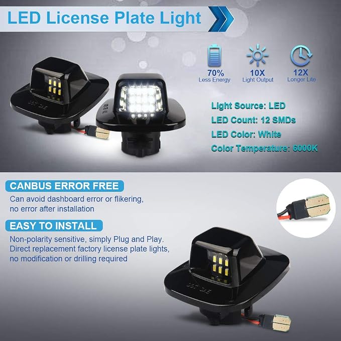 LED License Plate Light Lamp Assembly Compatible with 1988-1999 Chevy C1500 K1500 Silverado Sierra Pickup Tahoe Yukon Blazer S10 Sonoma S15 Black Housing 6000K White, Pack of 2