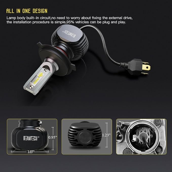 BEAMTECH H-4 Bulbs, S1 Series 900-3 Fanless 300% Brighter Fog Light | H4/9003 Bulbs, 6500K White Light Pack of 2