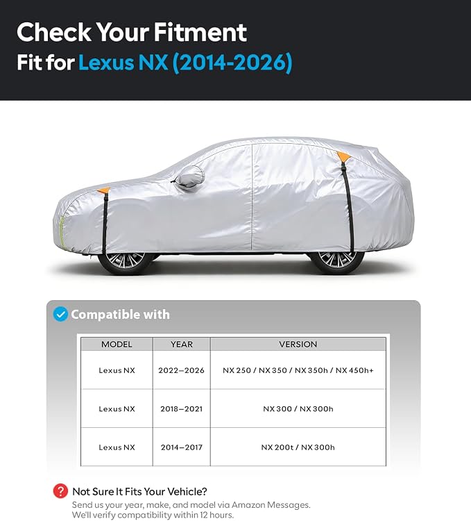 Wigoo Lexus NX200t NX250 NX300 NX350 NX450h Car Cover 2014-2026, Custom Fit SUV Cover, Waterproof All-Weather Outdoor Protection, UV Rain Snow Dust Protection, Paint-Safe Lining, Door Zipper