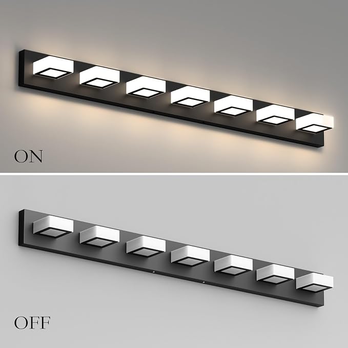 Ralbay 46" LED Matte Black Vanity Lights 7 Lights Acrylic Metal Black Modern Vanity Lights Black Bathroom Lighting Fixtures Over Long Mirror (Natural White Light 4500K)