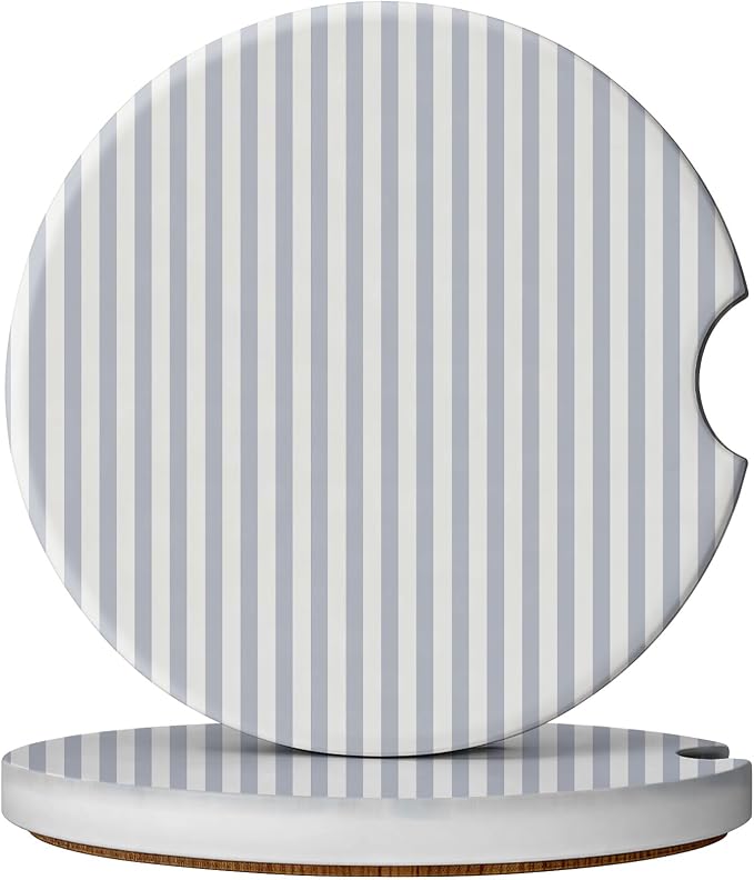 2 Pack Car Coasters for Cup Holders, Absorbent Ceramic Cup Coaster with Cork Base and Finger Notch, Cute Car Accessories Interior for Women Men (Gray Stripes)